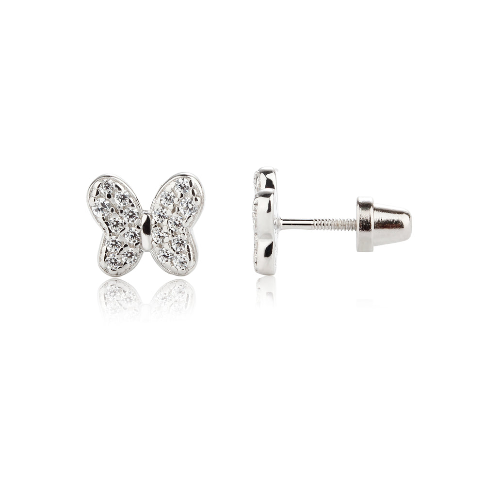 
                
                    Load image into Gallery viewer, Sterling Silver Kid&amp;#39;s Butterfly Earrings with Clear CZs
                
            