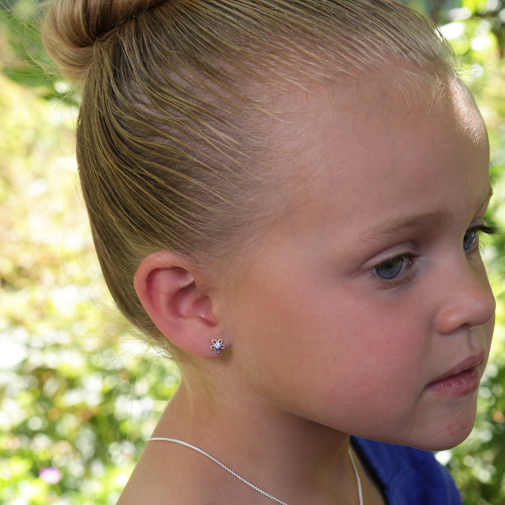 Sterling Silver Clear Outline Daisy Earrings for Little Girls