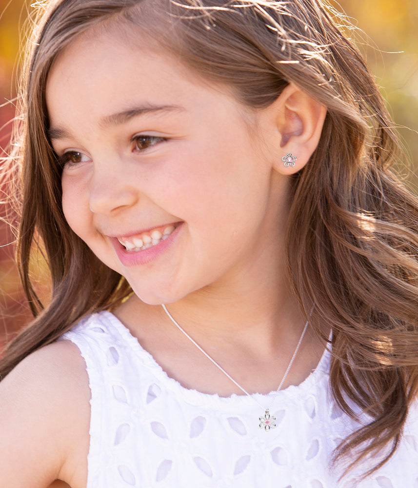 Sterling Silver Clear Outline Daisy Earrings for Little Girls