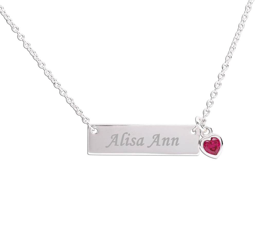 Sterling Silver Children's Bar Necklace with CZ Birthstone Heart for Kids