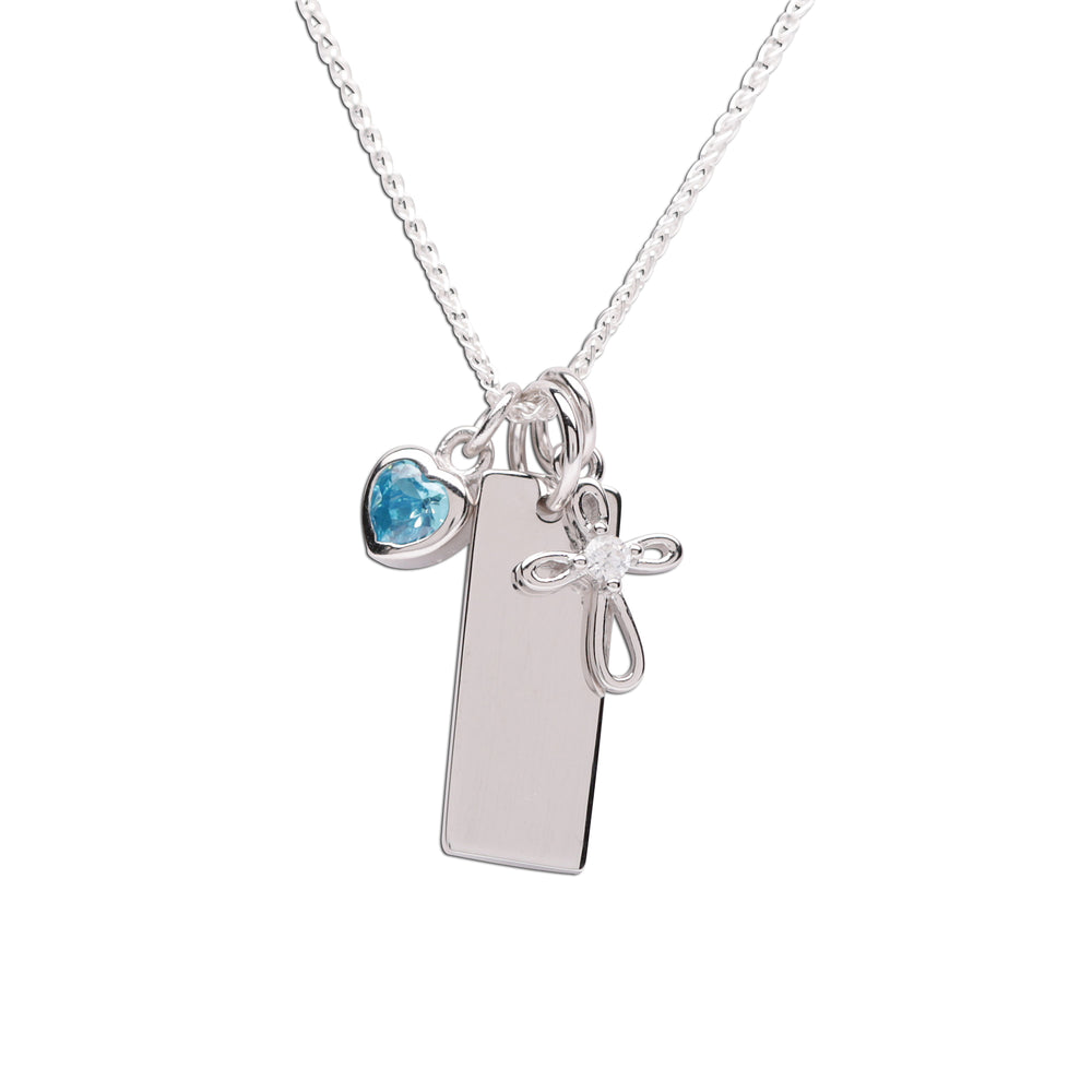Sterling Silver Bar Necklace with Cross and CZ Birthstone Heart for Kids