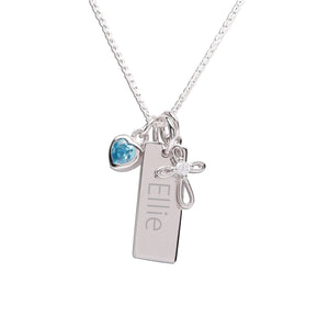 Sterling Silver Bar Necklace with Cross and CZ Birthstone Heart for Kids
