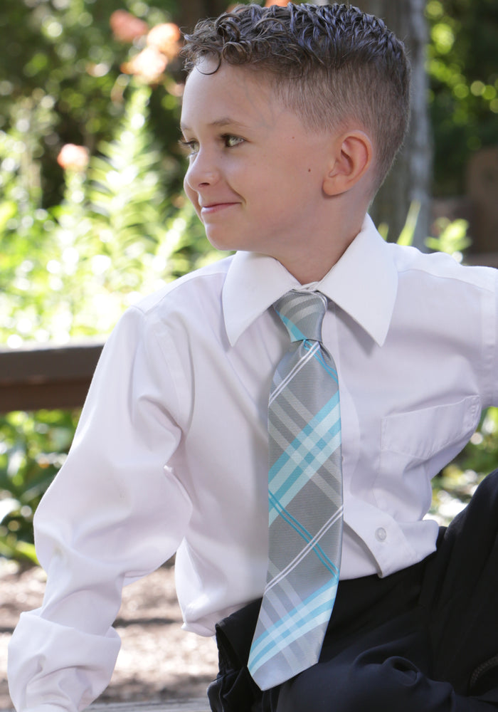 First Communion Aqua Plaid Tie with Silver Chalice Tie Pin Gift Set for Boys