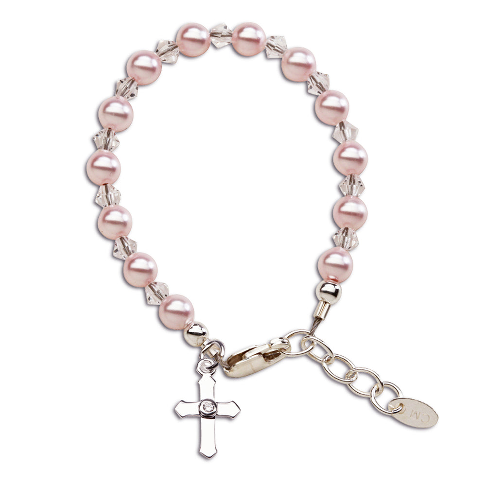 pink pearl baby baptism bracelet with cross