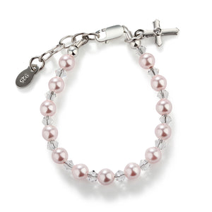 Sterling Silver Pink Pearl Cross Bracelet for Baptism and Communion Gifts