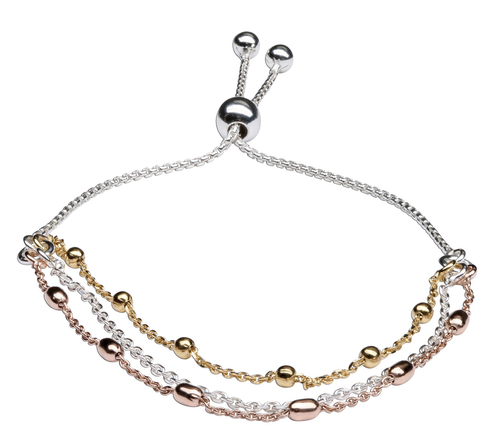 Luxury Sterling Silver Multi-Strand Bolo Bracelet with Rose Gold, 14K Gold with Adjustable Closure