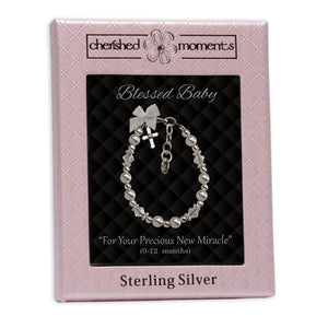 Sterling Silver Pearl Cross Baptism Bracelet for Baby Girls