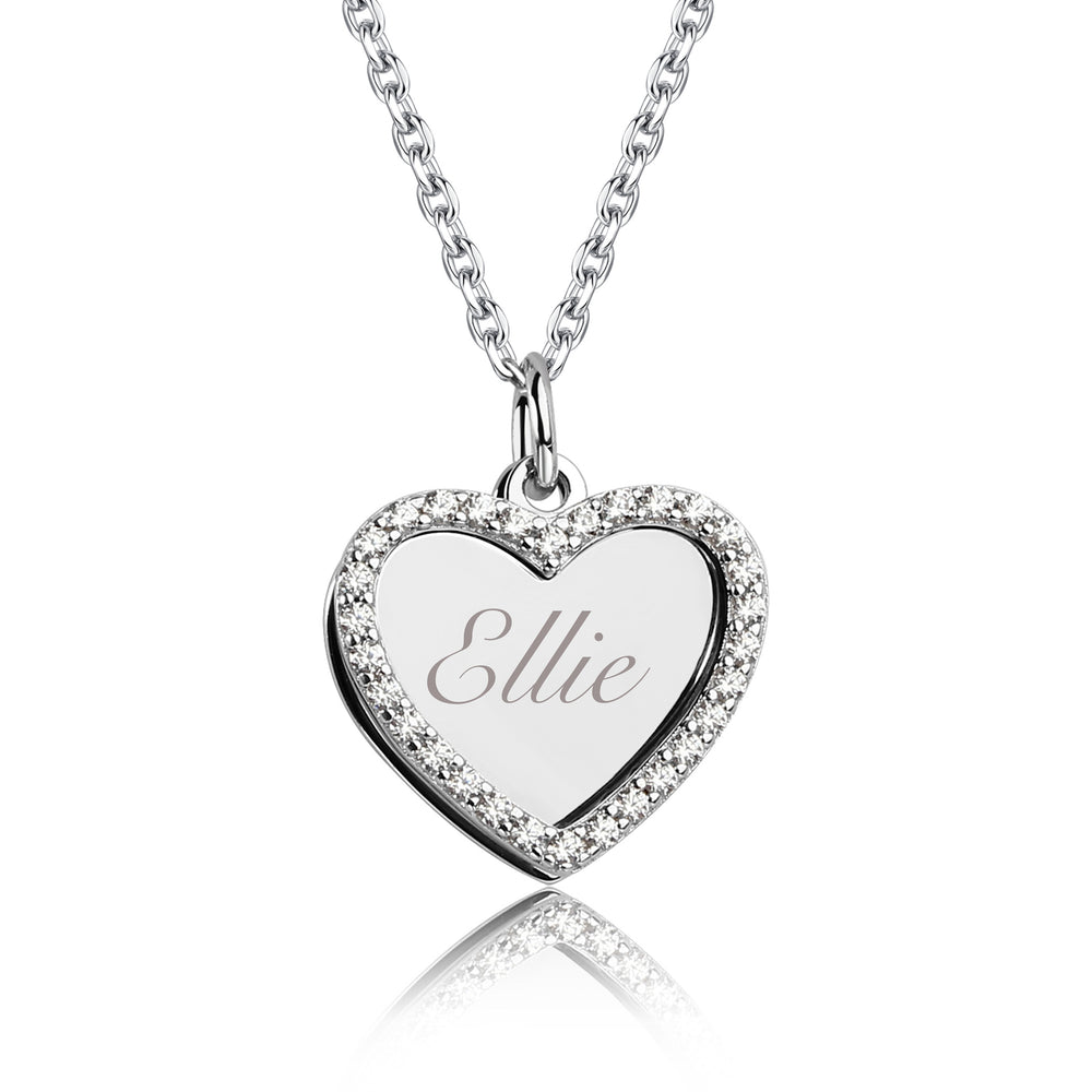 
                
                    Load image into Gallery viewer, Sterling Silver Children&amp;#39;s Engraveable Heart Necklace with CZ Heart
                
            