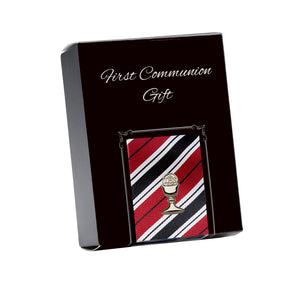 
                
                    Load image into Gallery viewer, First Communion Red Stripe Tie with Silver Chalice Tie Pin Gift Set
                
            