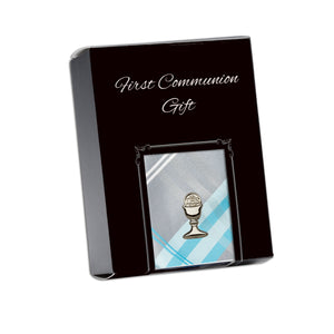 First Communion Aqua Plaid Tie with Silver Chalice Tie Pin Gift Set for Boys