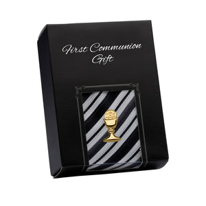 First Communion Black Stripe Tie with Silver or Gold Chalice Tie Pin Gift Set