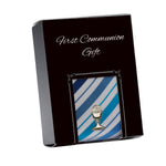 First Communion Blue Stripe Tie with Silver or Gold Chalice Tie Pin Gift Set