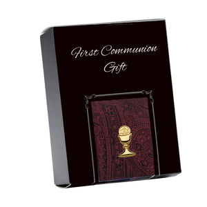 First Communion Burgundy Paisley Tie with Silver or Gold Chalice Tie Pin Gift Set