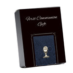 First Communion Navy Paisley Tie with Silver or Gold Chalice Tie Pin Gift Set