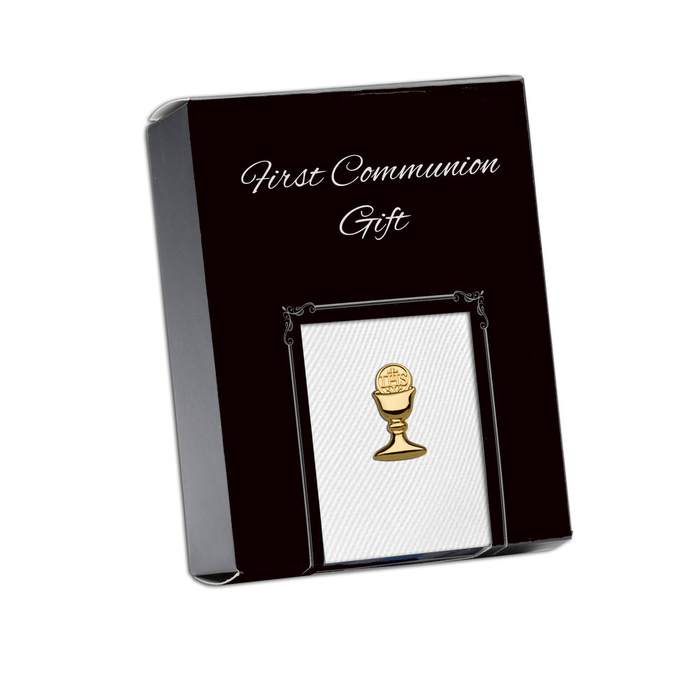 First Communion White Stripe Tie with Silver or Gold Chalice Tie Pin Gift Set