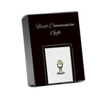 First Communion White Stripe Tie with Silver or Gold Chalice Tie Pin Gift Set