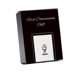 First Communion White Stripe Tie with Silver or Gold Chalice Tie Pin Gift Set