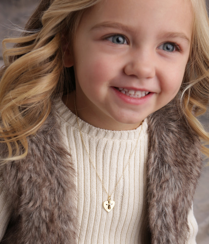 14K Gold-Plated Engraved Heart w/Cross Necklace for Kids
