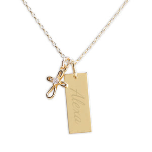 Girls Gold-Plated Bar Necklace with Cross - Engraveable