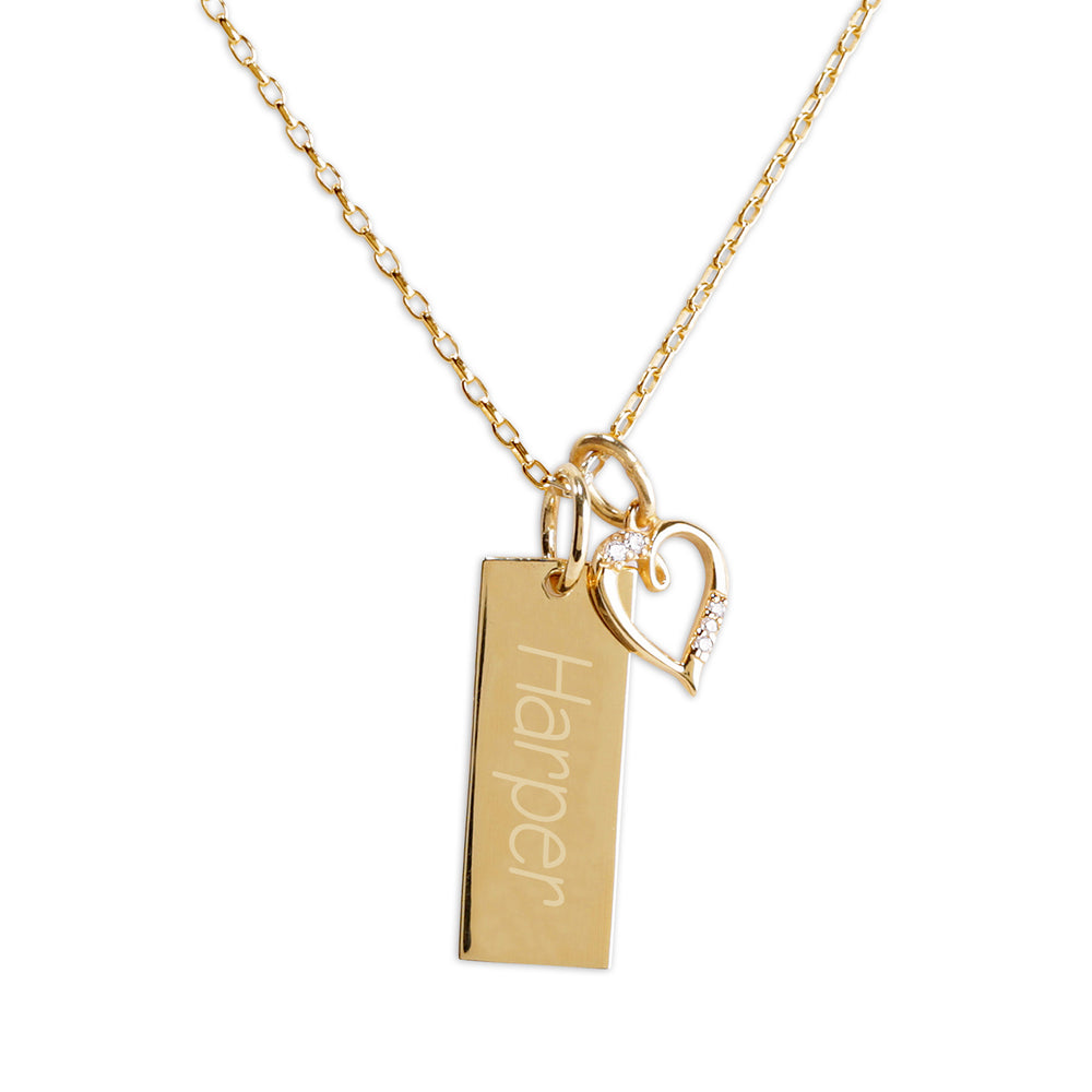 Girls Gold-Plated Bar Necklace with Heart - Engraveable