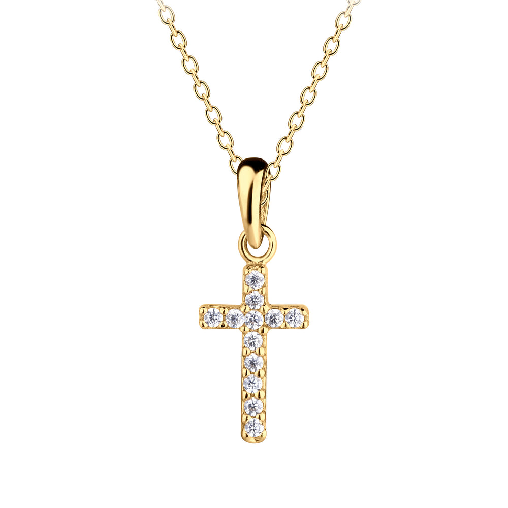 
                
                    Load image into Gallery viewer, 14K Gold-Plated Children&amp;#39;s Cross Necklace with CZs for Girls
                
            