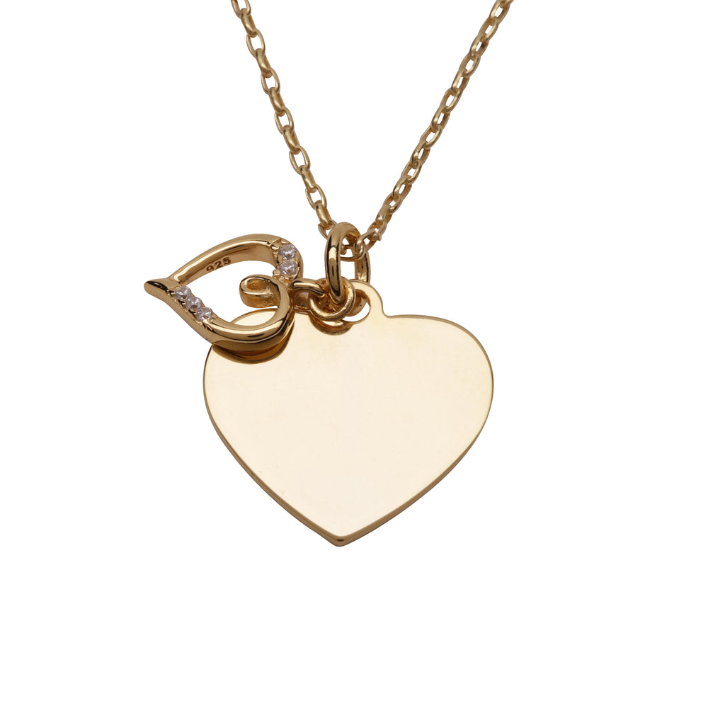 14K Gold-Plated Engraved Heart with CZ Heart Necklace
