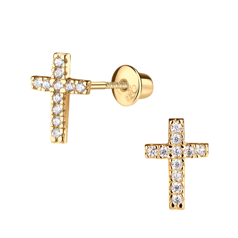 14K Gold-Plated Children's Cross CZ Earrings
