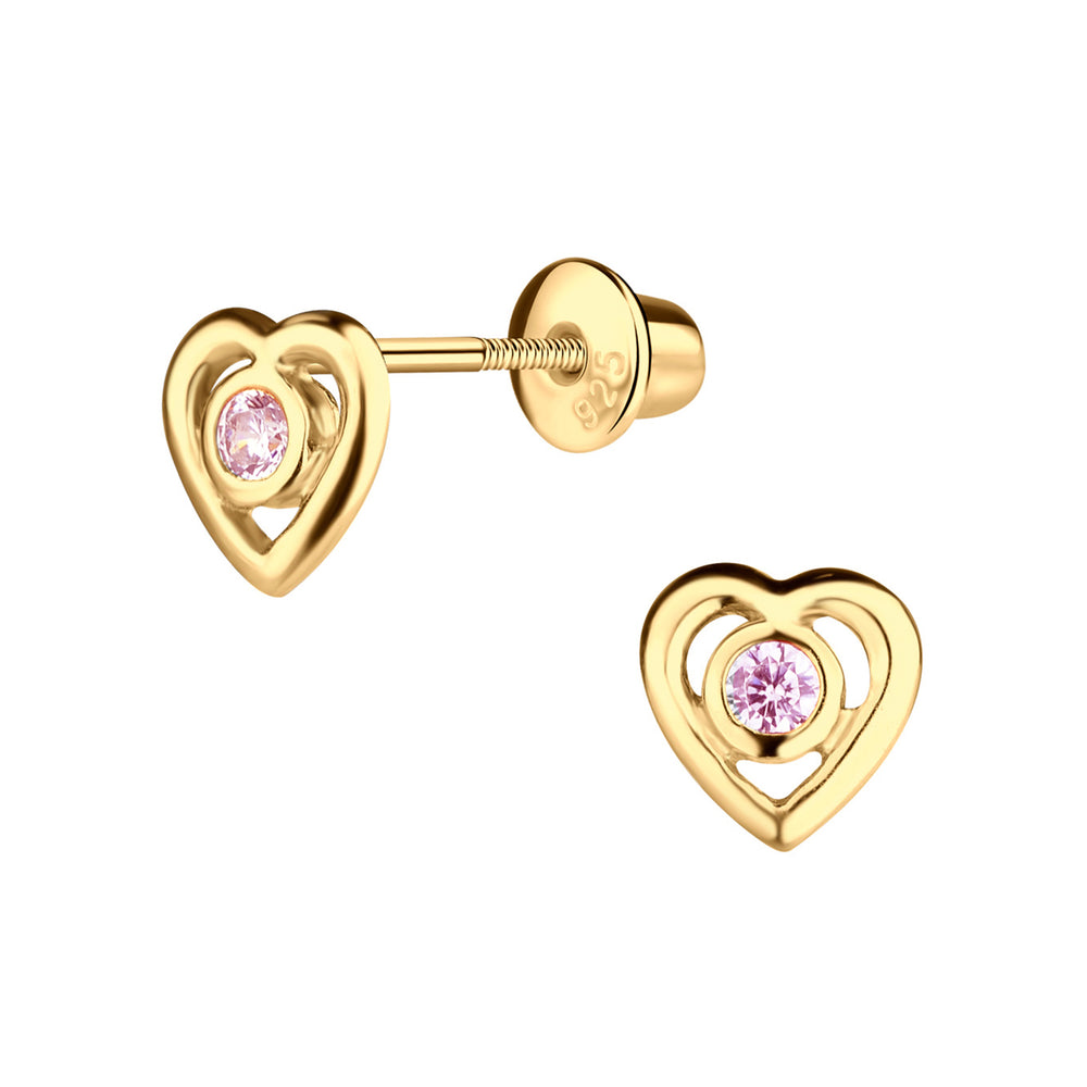 
                
                    Load image into Gallery viewer, 14K Gold-Plated Girls Heart CZ Earrings (Pink)
                
            