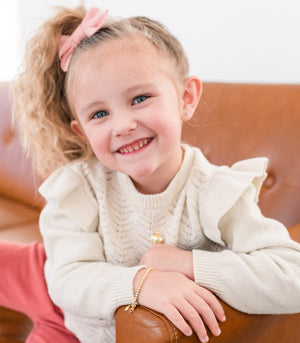 girl wears 14K Gold-Plated Kids Bracelet with Heart Charm for Little Girls, Teens and Women - Cherished Moments Jewelry