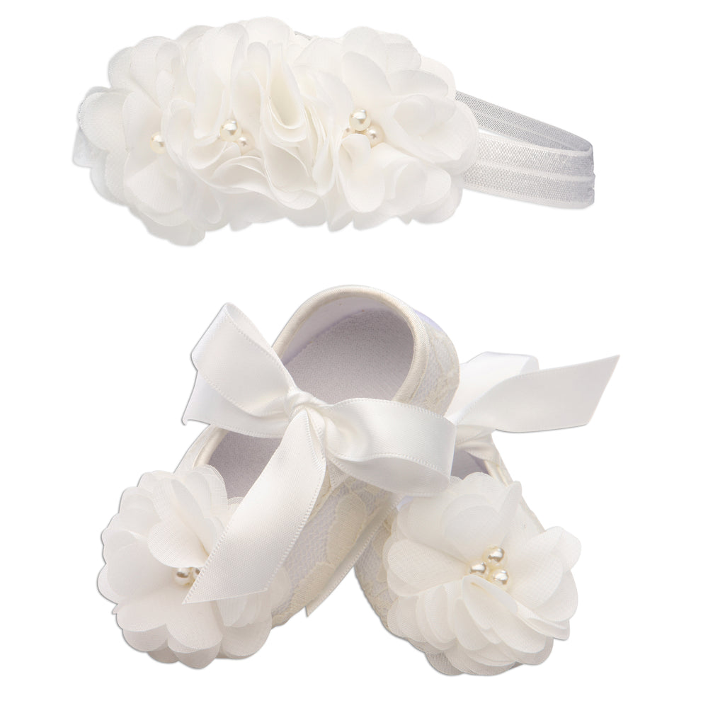 Ivory Lace Baptism Shoe and Headband Set (KSG-083-Shoe Set)