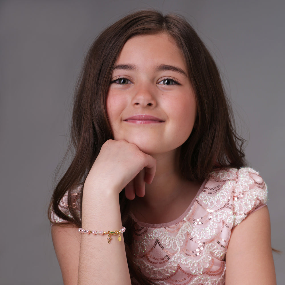 Lauren  - 14K Gold-Plated Pink Pearl Cross Bracelet for Infants or Girls
