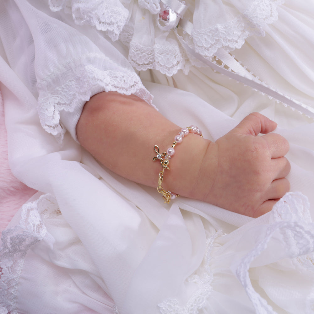 Lauren  - 14K Gold-Plated Pink Pearl Cross Bracelet for Infants or Girls