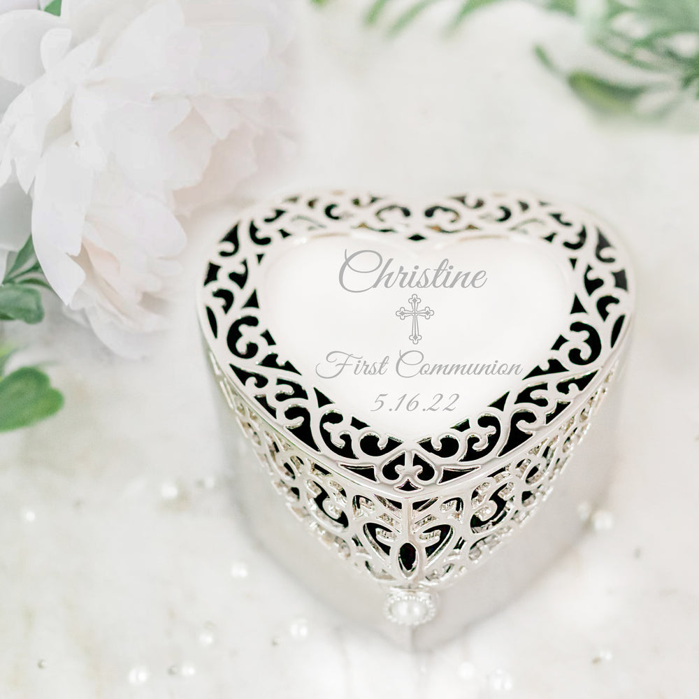 Custom Silver Filigree Heart Jewelry Box with Engraving for Girls