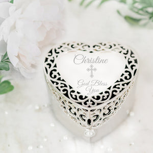 Custom Silver Filigree Heart Jewelry Box with Engraving for Girls