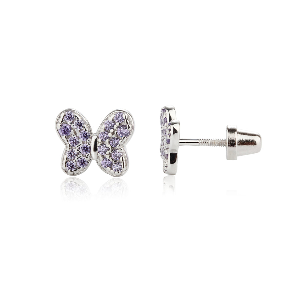 
                
                    Load image into Gallery viewer, Sterling Silver Kid&amp;#39;s Amethyst Butterfly Earrings with CZs
                
            