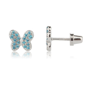 
                
                    Load image into Gallery viewer, Sterling Silver Kid&amp;#39;s Aqua Butterfly Earrings with CZs
                
            