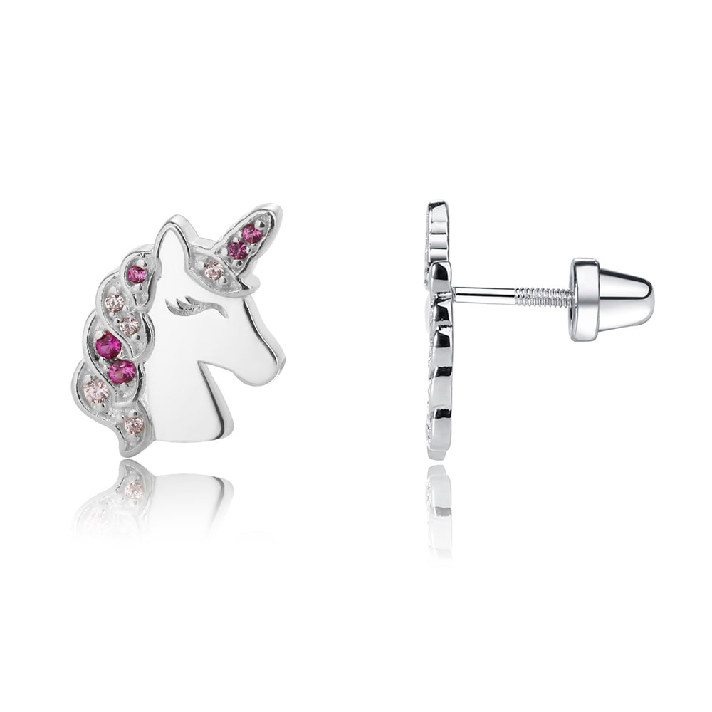 Sterling Silver Kid's Pink Unicorn Earrings