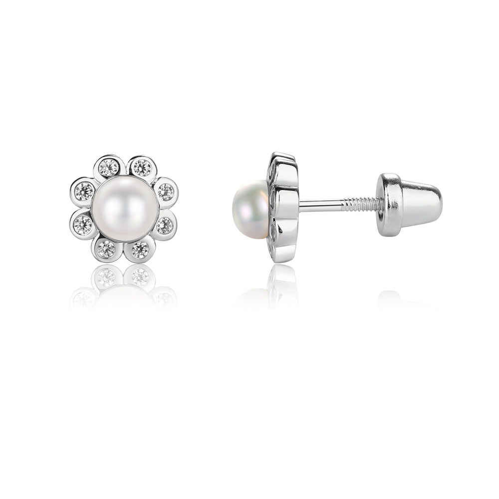 
                
                    Load image into Gallery viewer, Sterling Silver Kids White Pearl Button Earrings
                
            