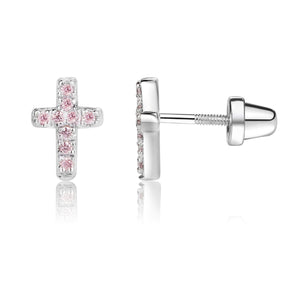
                
                    Load image into Gallery viewer, Sterling Silver Cross Earrings with Pink CZs for Baptism or Communion
                
            