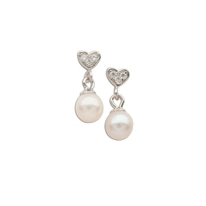 Sterling Silver Children's Heart w/Dangling Pearl Earrings