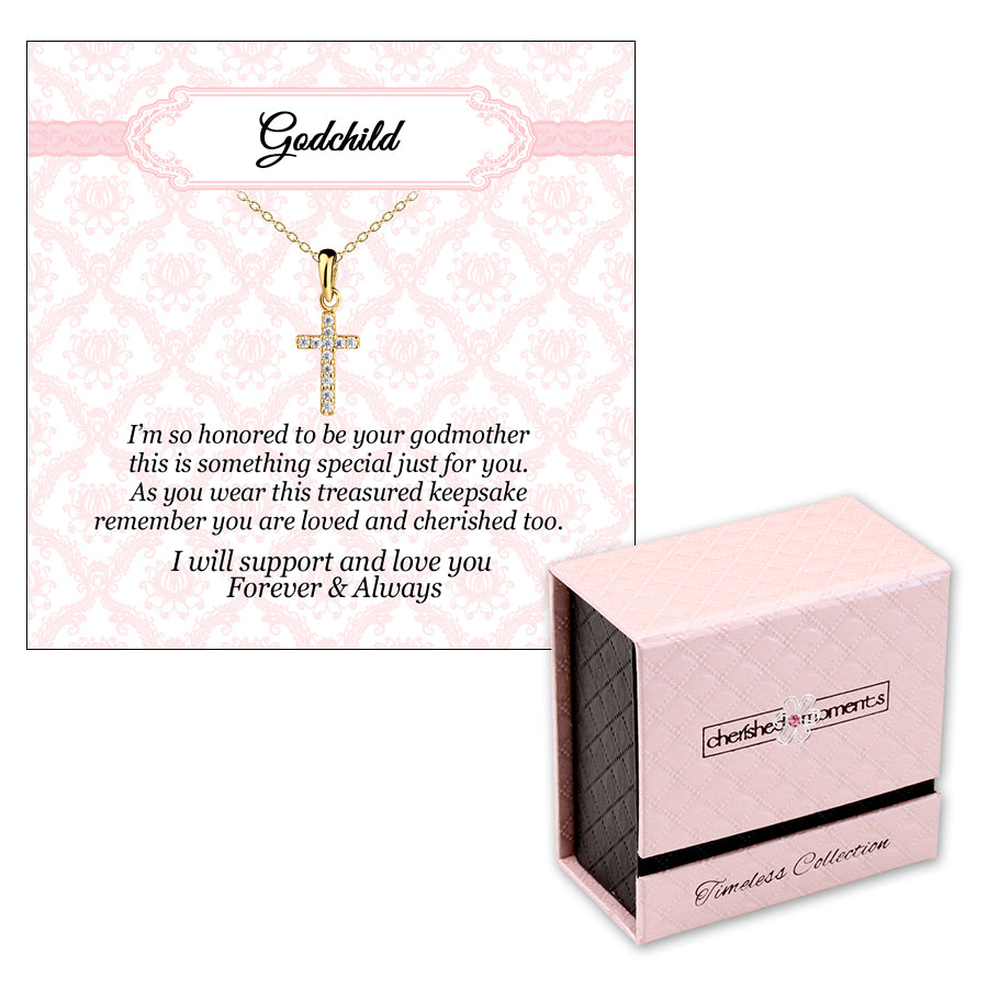 
                
                    Load image into Gallery viewer, 14K Gold-Plated Cross CZ Necklace for Godchild Gift for Girls
                
            