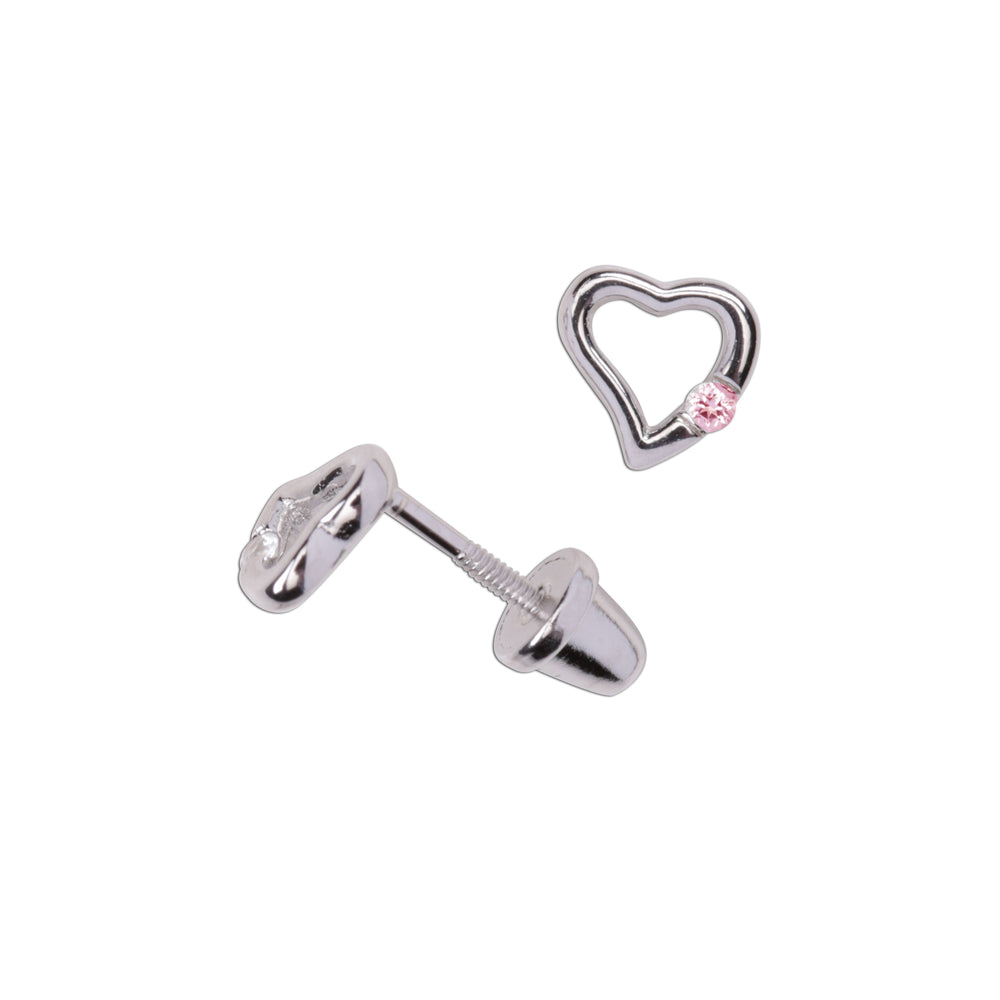 
                
                    Load image into Gallery viewer, Sterling Silver Open Heart Pink Sapphire Earrings for Baby and Kids
                
            