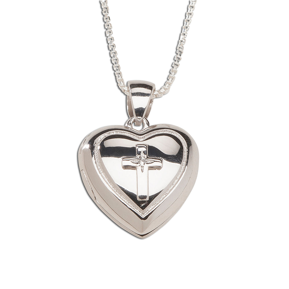 Sterling Silver Children's Heart Locket with Cross and White Sapphire
