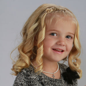 little girl wears Sterling Silver Pearl Cross Necklace for Kids