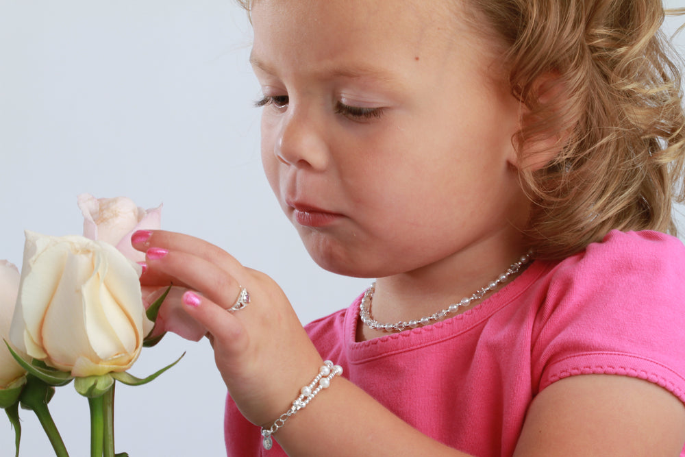 Toddler wears Pearl and Crystal Necklace